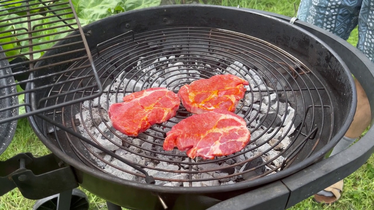 烧烤肉户外烧烤猪肉，牛肉，香肠和蔬菜新鲜菜肴健康餐食品零食饮食在桌子上复制太空食物背景视频素材