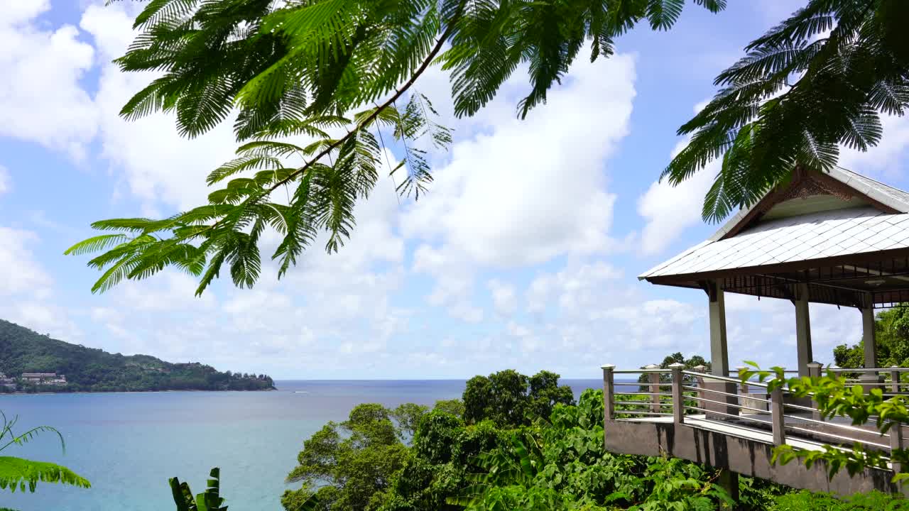 空旷的热带海滩和椰子树在蓝天下的风景。视频素材