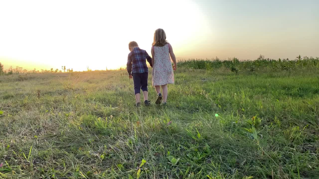 孩子们的剪影，在草地上蹦蹦跳跳地走着，夕阳照在前面视频素材