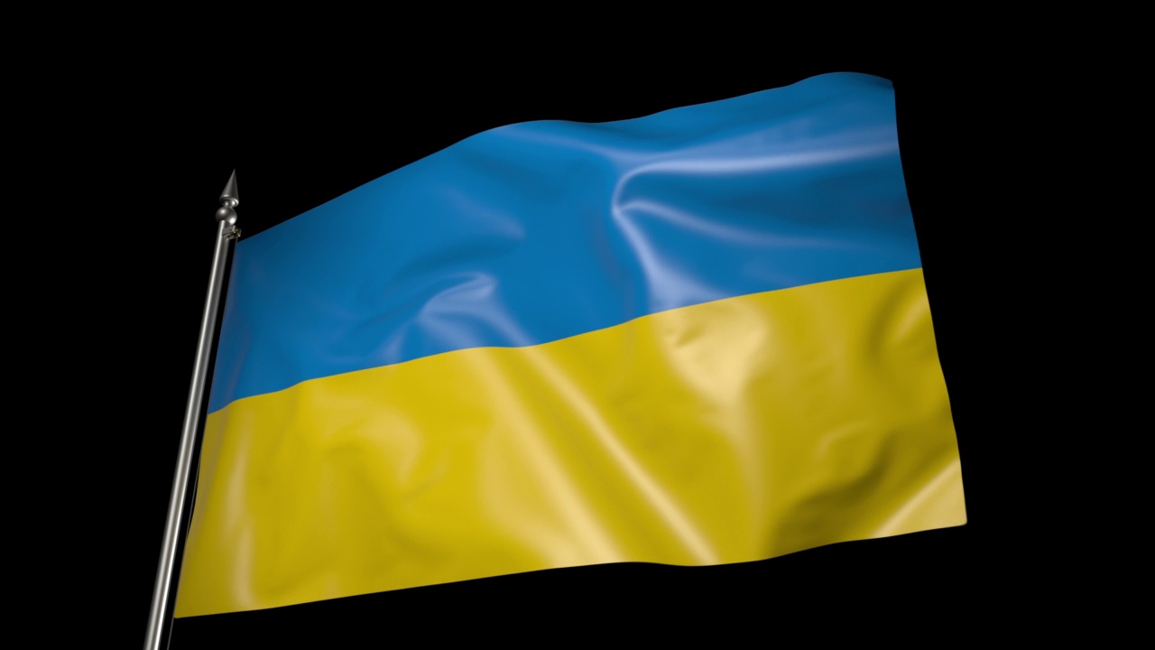 旗杆上的乌克兰国旗。带有alpha通道的3D动画视频素材