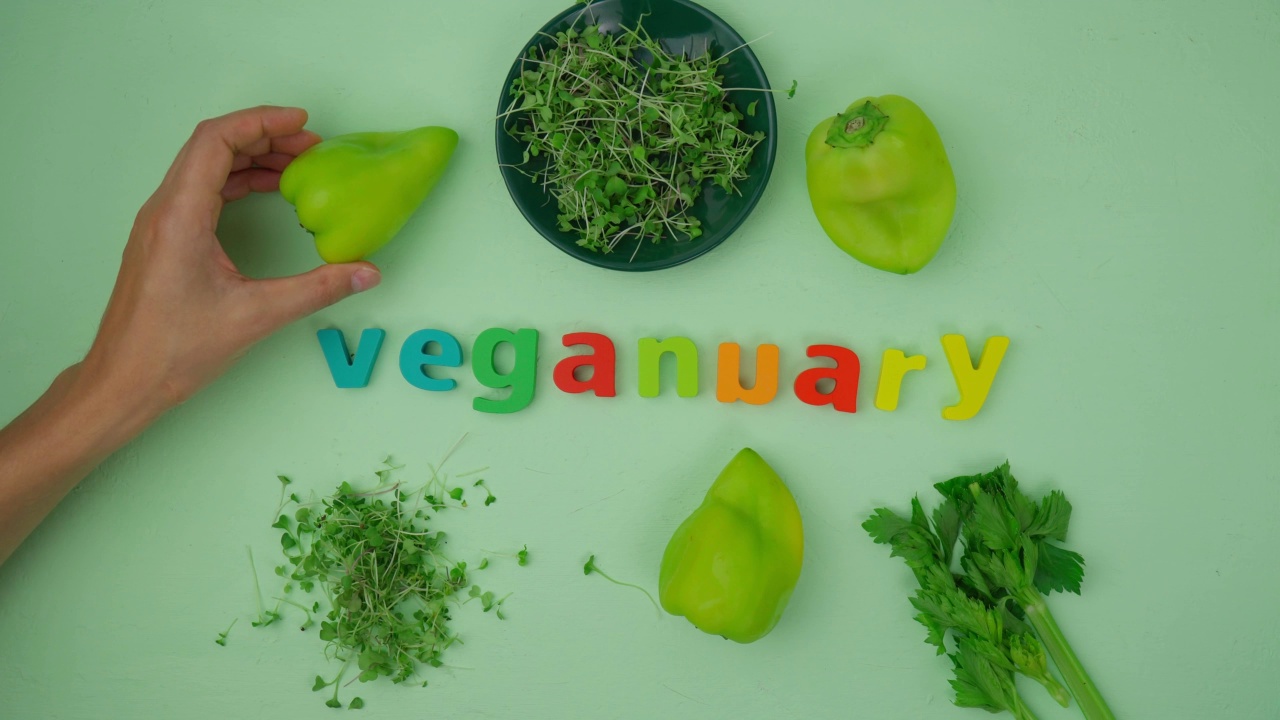 一月的素食月叫做Veganuary。平躺视频素材