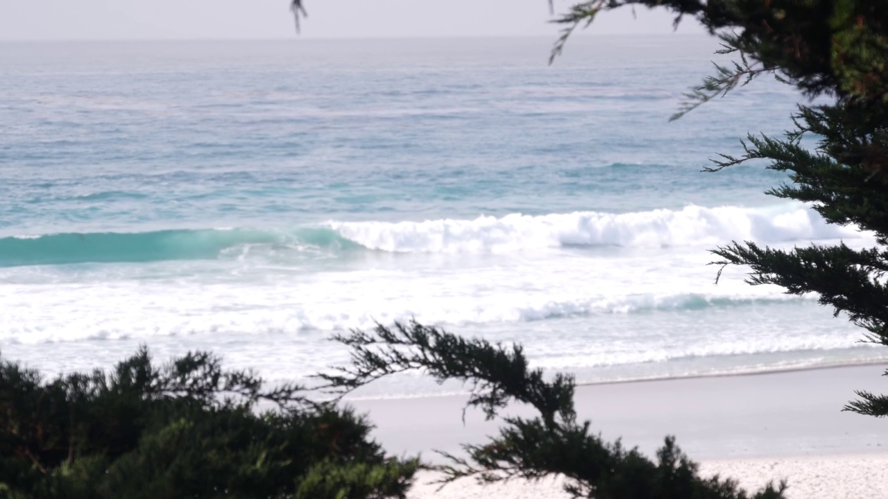 海洋沙滩，加利福尼亚海岸，海水波浪撞击。多雾的天气。视频素材