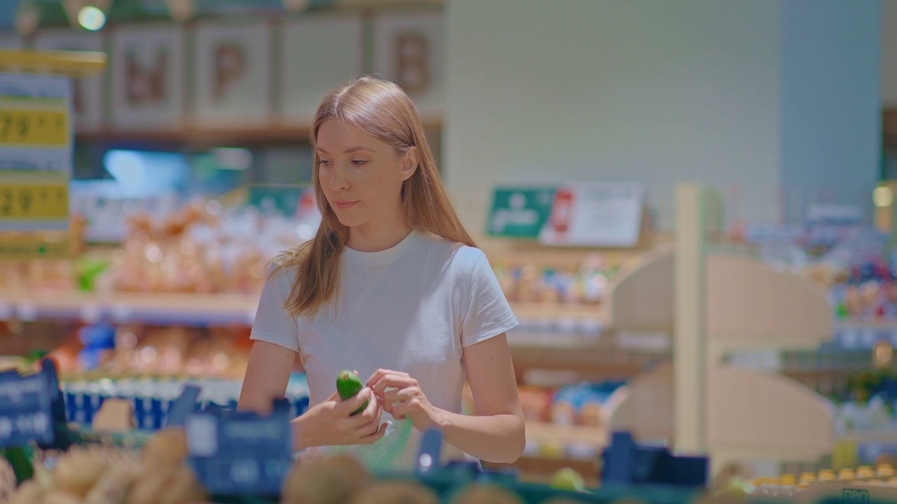 漂亮的女孩在店里挑选商品。可爱的女孩拿了一根新鲜的黄瓜，装在袋子里，超市柜台里的商品。4 k, ProRes视频素材