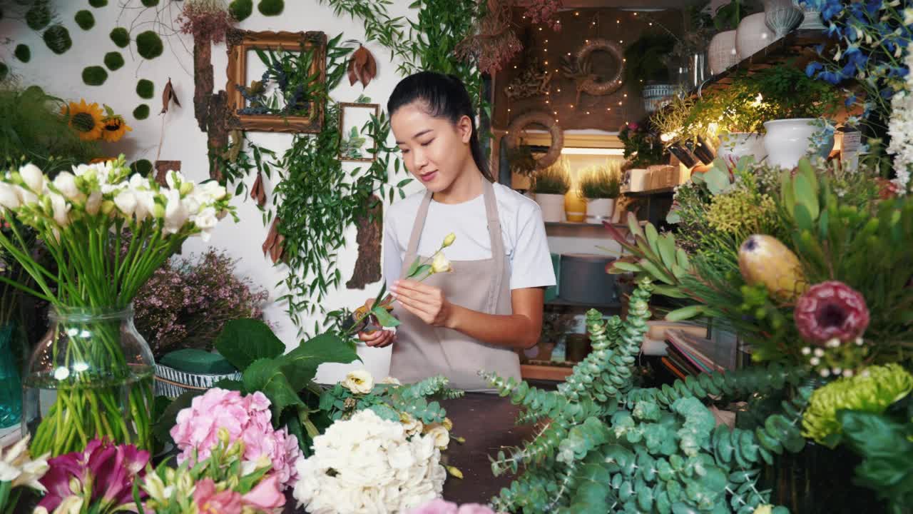 我仔细地为我的客户插花。视频素材