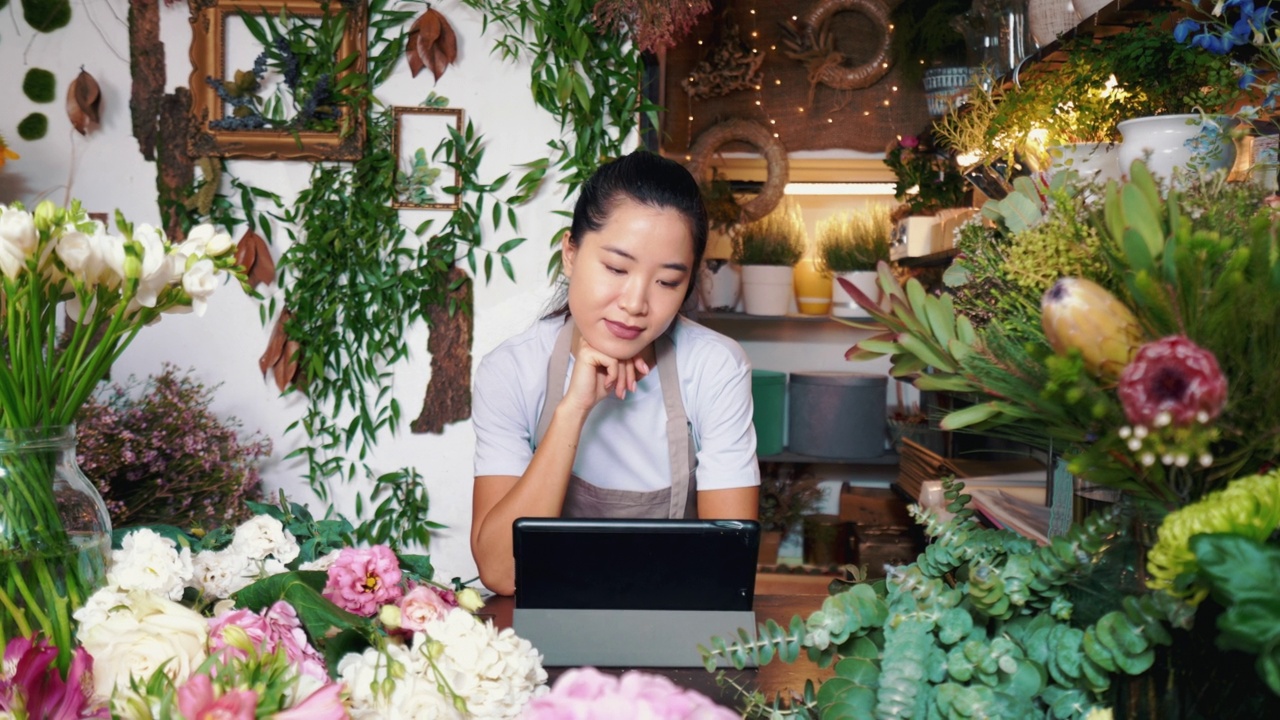 女花商为她的小生意计划新想法。视频素材