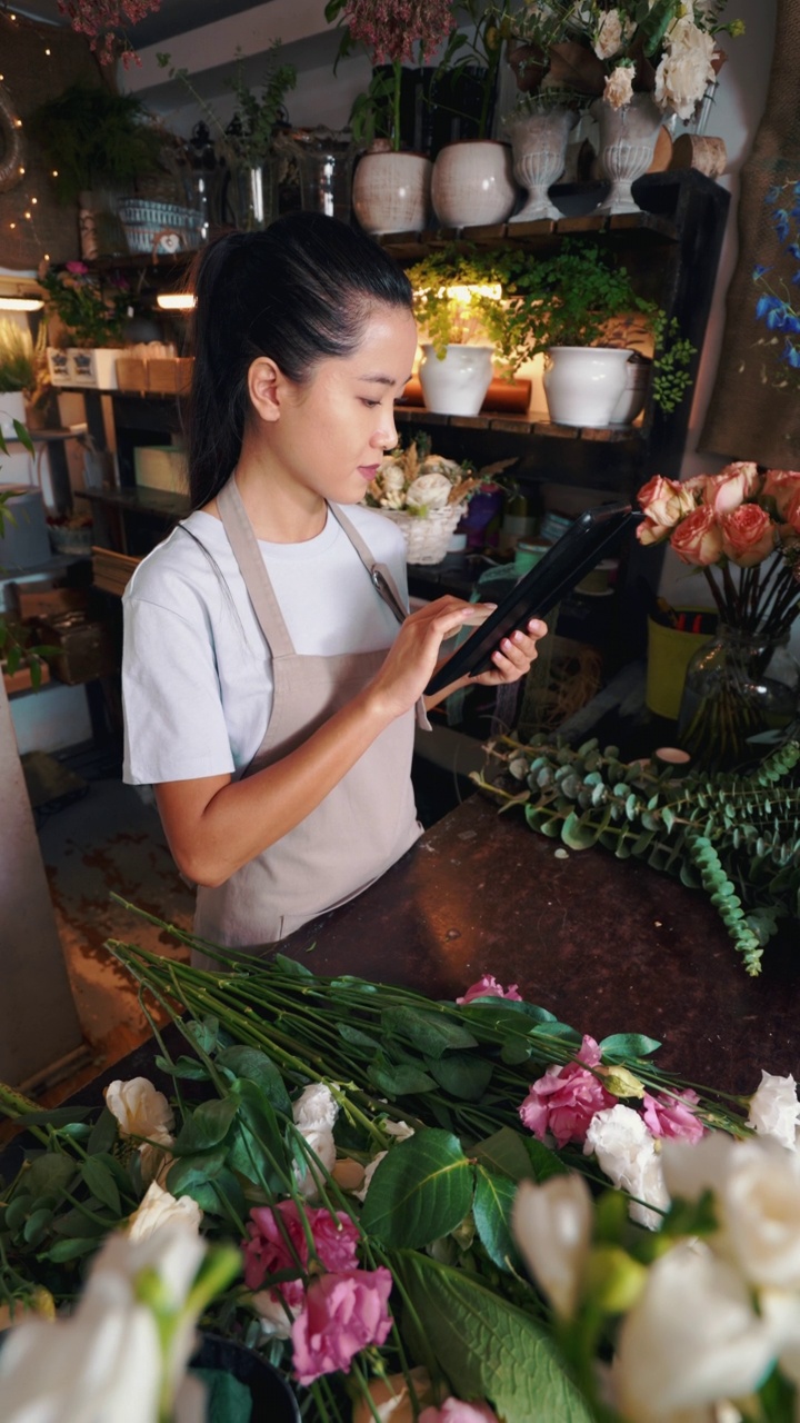 现代女企业家在花店制作平板电脑。视频素材