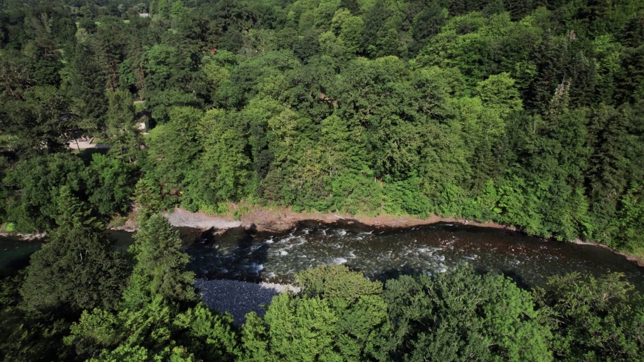 山间翡翠河，石质海岸和森林，溪流湍急，蜿蜒着晶莹剔透的山河。夏日阳光明媚的日子，无人机从上到下的视角视频下载