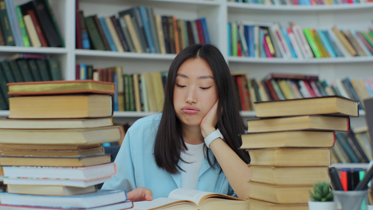 学生从不同的书收集信息，美丽的亚洲女孩蓝色衬衫收集数据为论文。自我教育的概念。视频素材