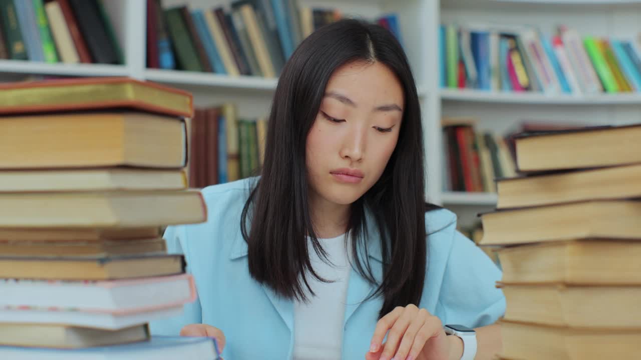 穿着蓝色衬衫的美丽亚洲女孩正坐在大学图书馆的桌旁看书。她累坏了，摇着头在抄写本上写字。自我教育的概念。视频素材