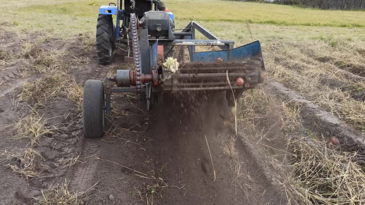 拖拉机和马铃薯收割机在田里。挖土豆的过程视频下载