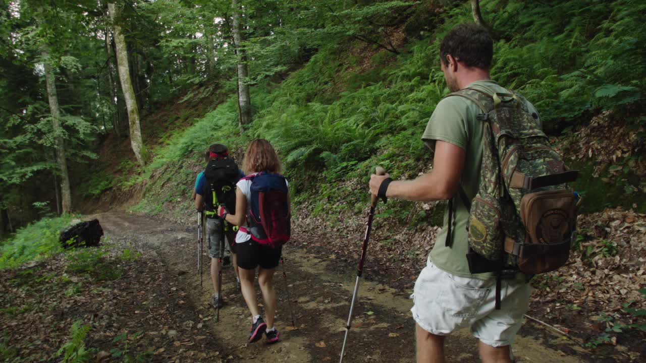 朋友们在休息日走在山林路上。疲惫的游客在石径上行走，背上装着旅游设备的背包。从大本营步行出口，适应环境视频下载