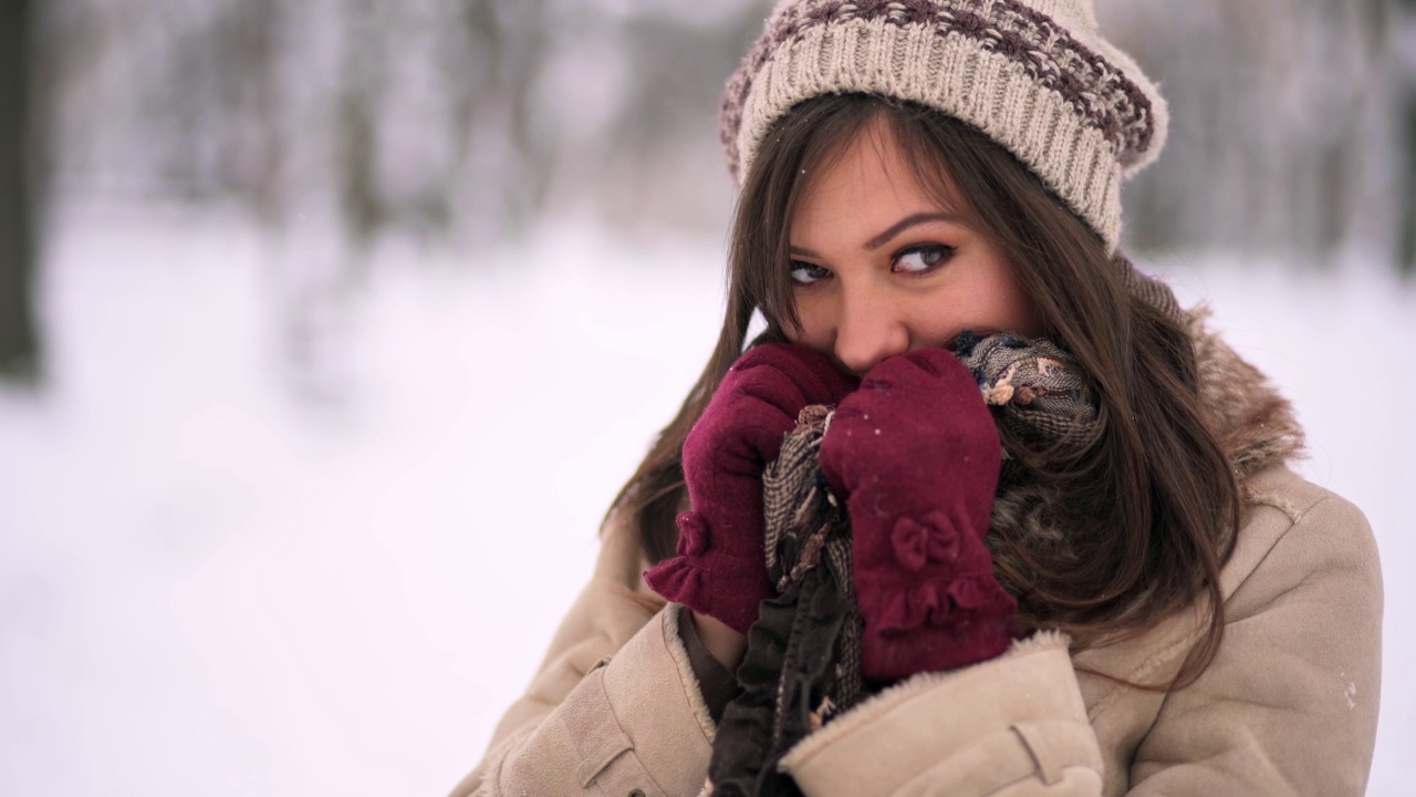 在雪景公园里的年轻女子视频素材