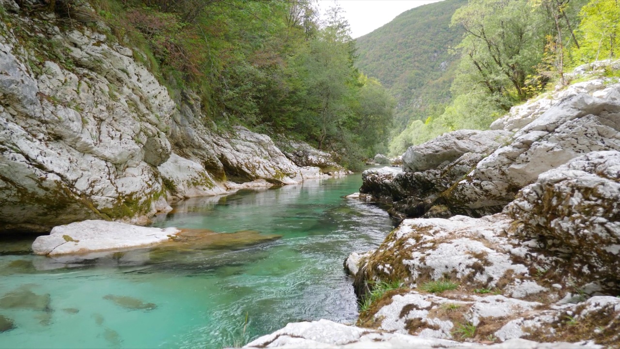 一条翠绿的河流在岩石间流淌视频素材