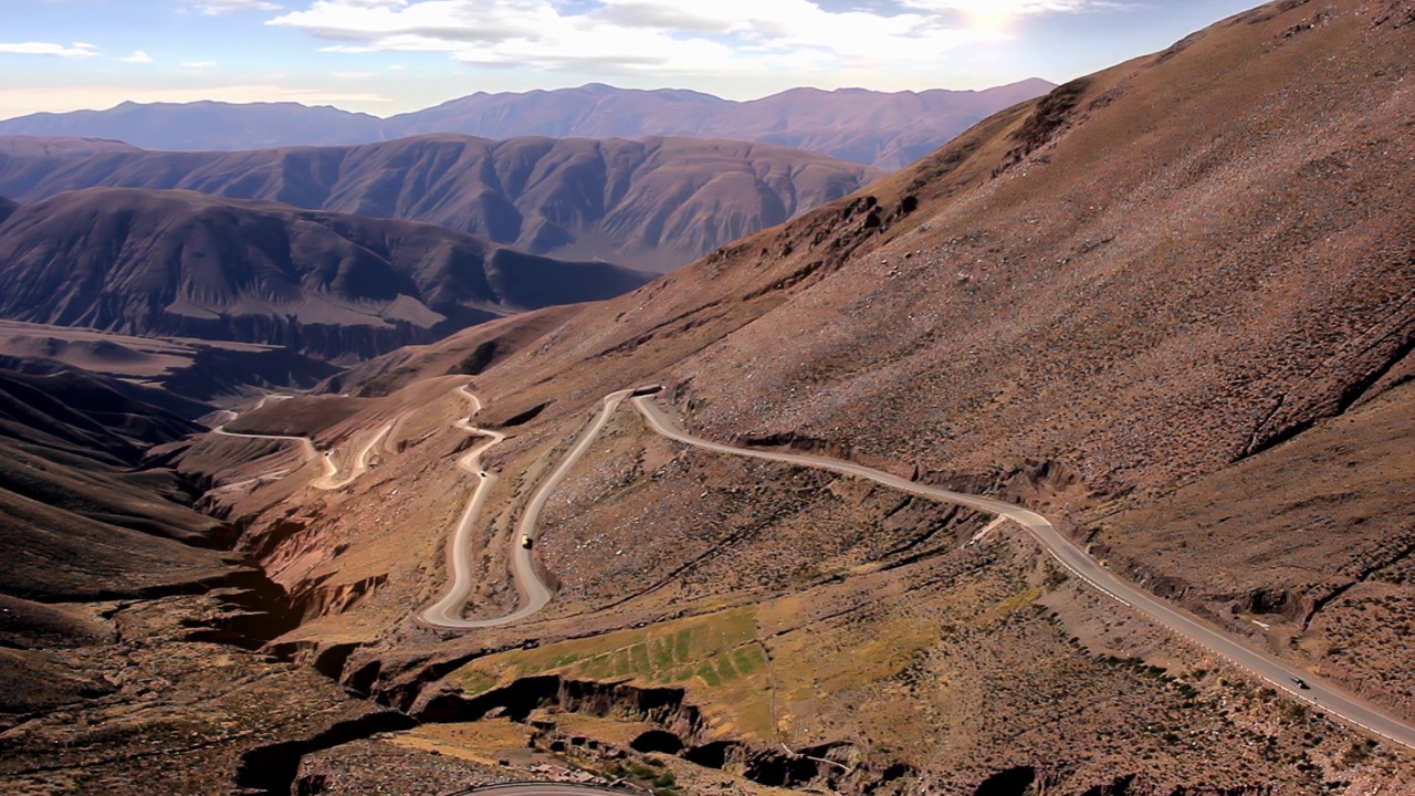 蜿蜒的山路在被称为“Cuesta de Lipan”(Lipan斜坡)的Jujuy省，安第斯山脉，阿根廷，南美洲。4K分辨率。视频素材