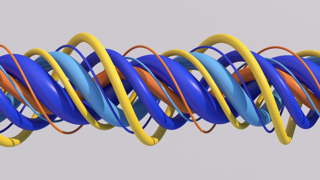 一组蓝色，橙色，黄色的螺旋。灰色的背景。抽象动画，3d渲染。视频素材