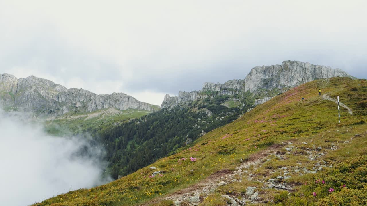 穿着黄色雨衣的女人径直走向山顶。视频素材