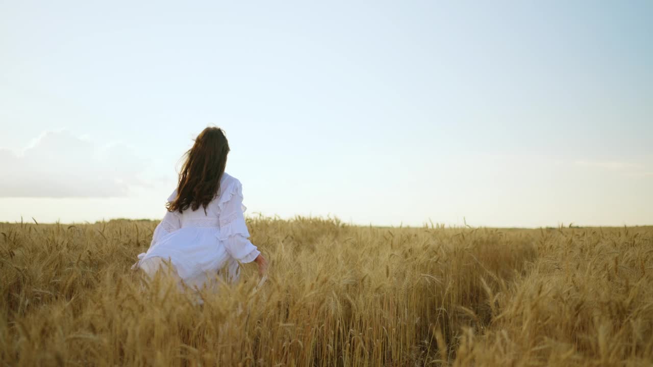 快乐的女人在夏天的金色黑麦田里奔跑，后景，令人惊叹的农业区景观视频素材