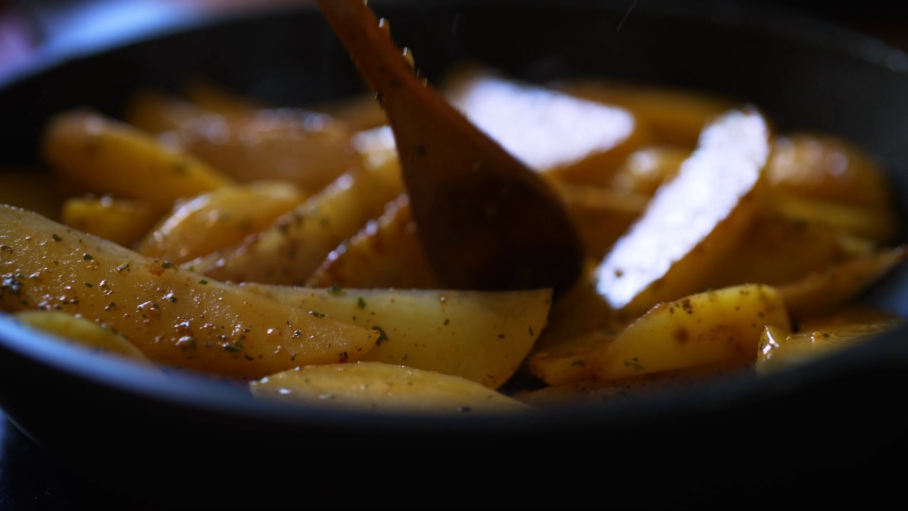 在锅上煎土豆片加香料。视频素材