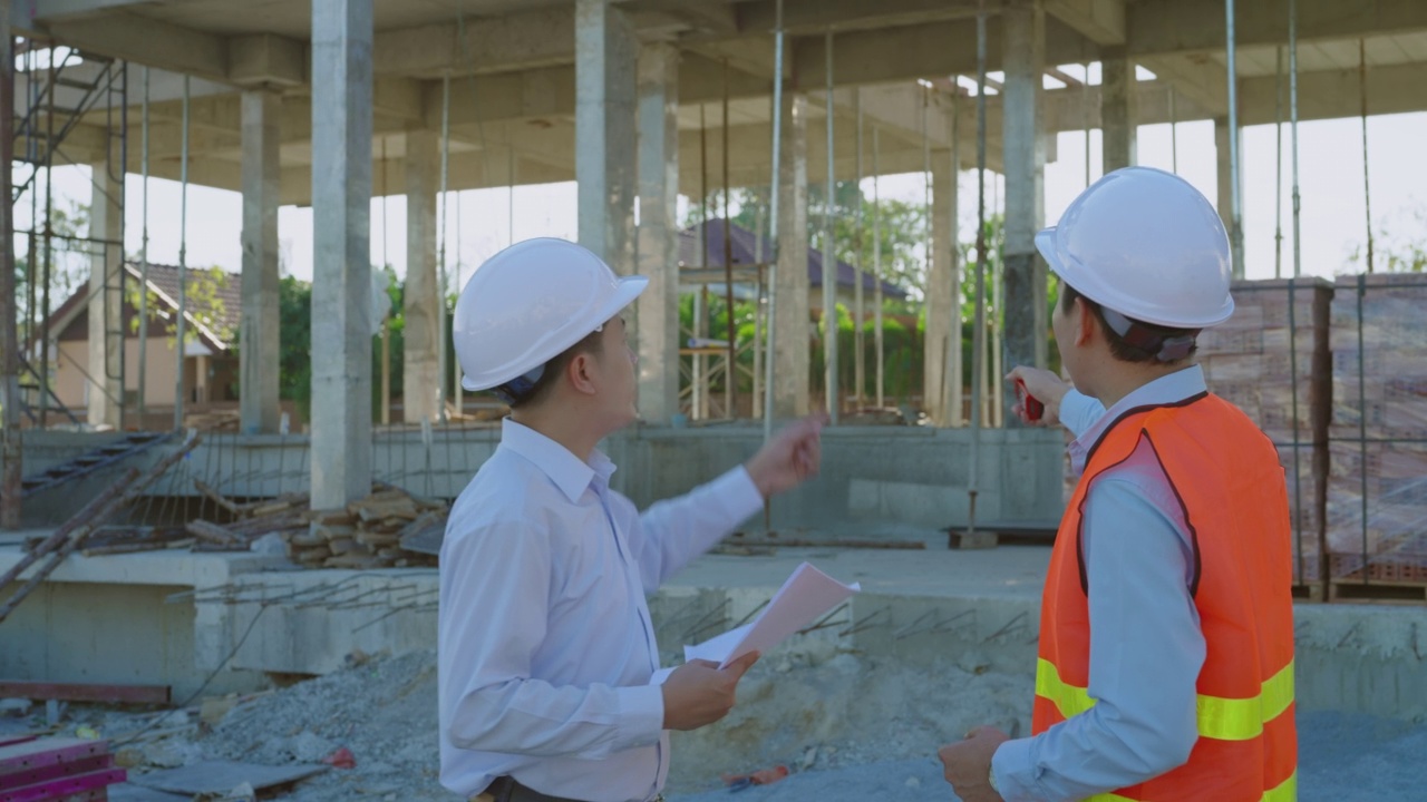 工程师和建筑师讨论检查建筑工程视频素材