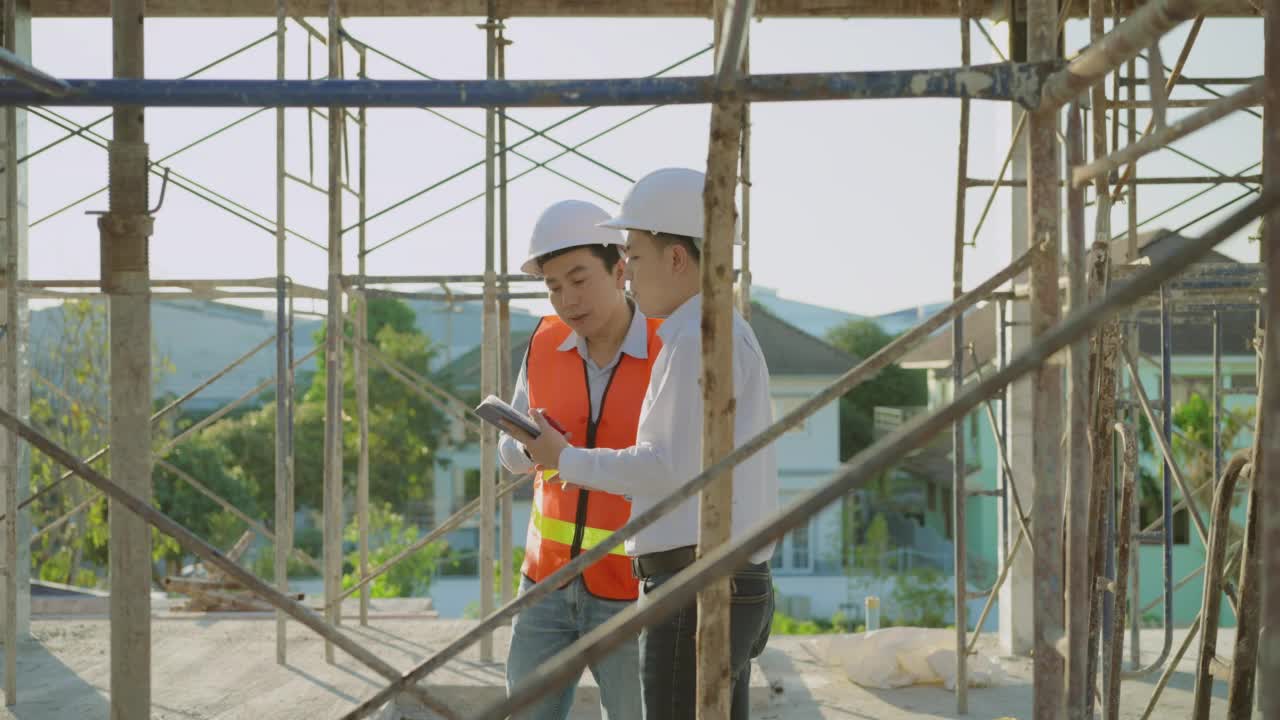 工程师和建筑师使用平板电脑，在大楼里讨论工作视频素材