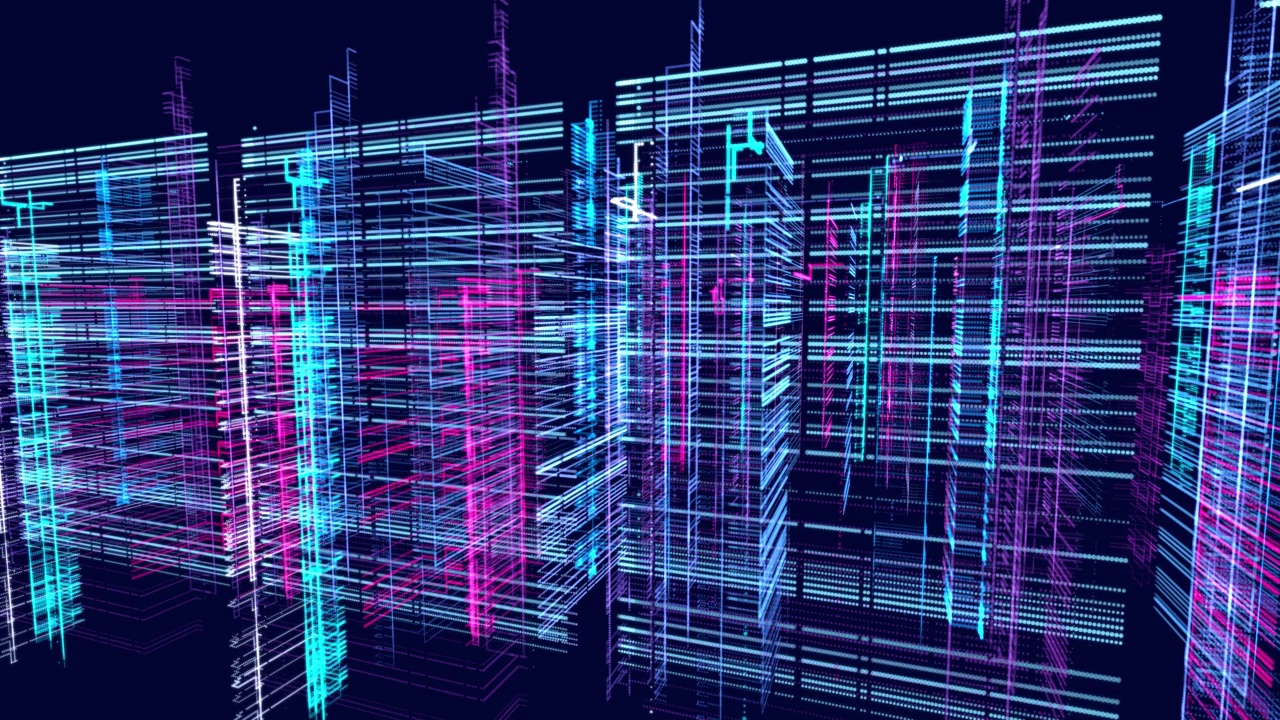 Vj环抽象科幻bg辉光粒子形成线、柱结构。高科技信息技术。线条形成全息图信息块，ai建筑光网格，信息概念节点。红蓝视频素材