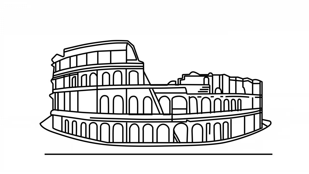 自我绘制线条艺术动画。罗马斗兽场的轮廓。线的艺术。历史的旅行概念。副本的空间。白色背景。视频素材