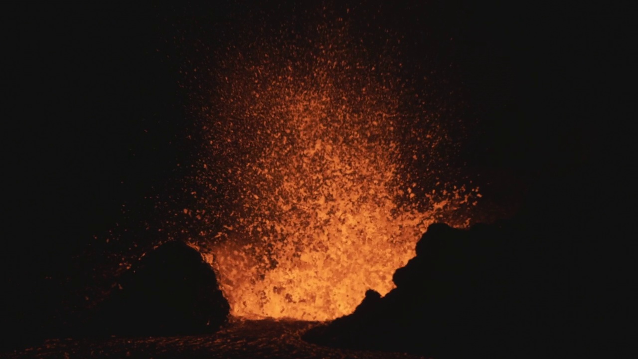 冰岛雷克简斯半岛，一个喷溅锥形火山在夜间喷发的广角镜头视频素材