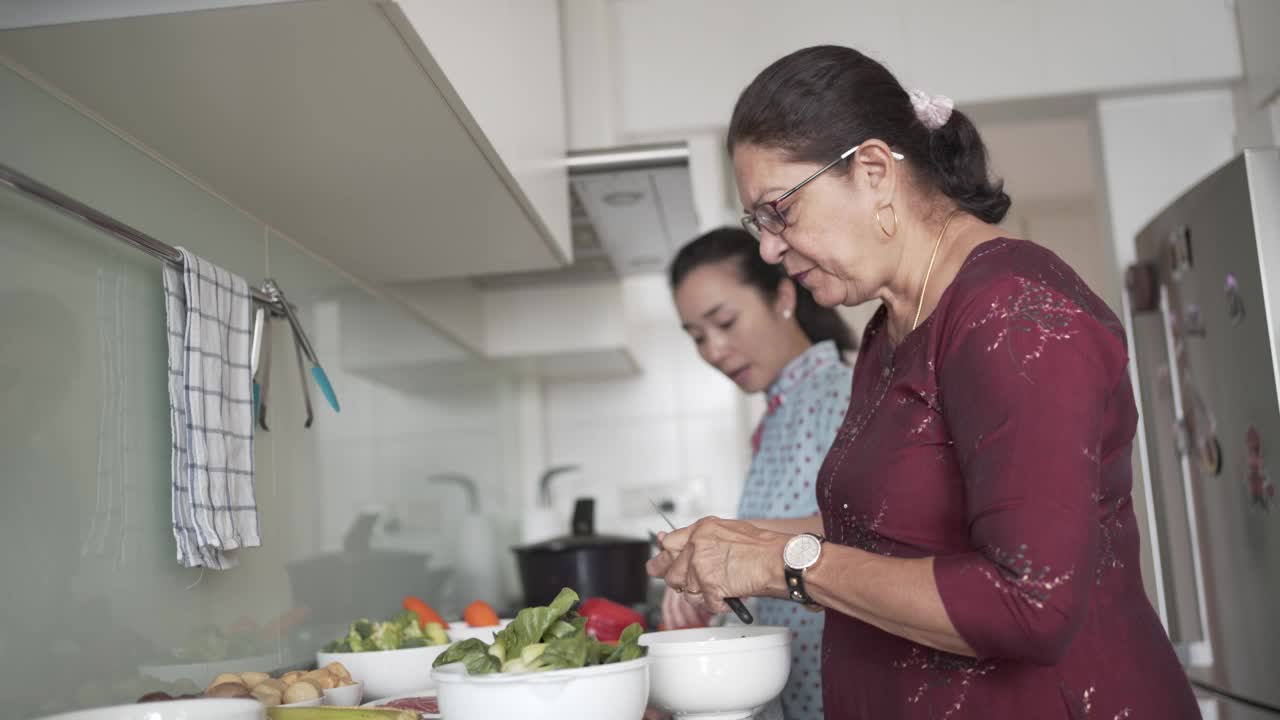 中国新年——来自多种族、多代家庭的妇女为团圆饭准备食物视频素材