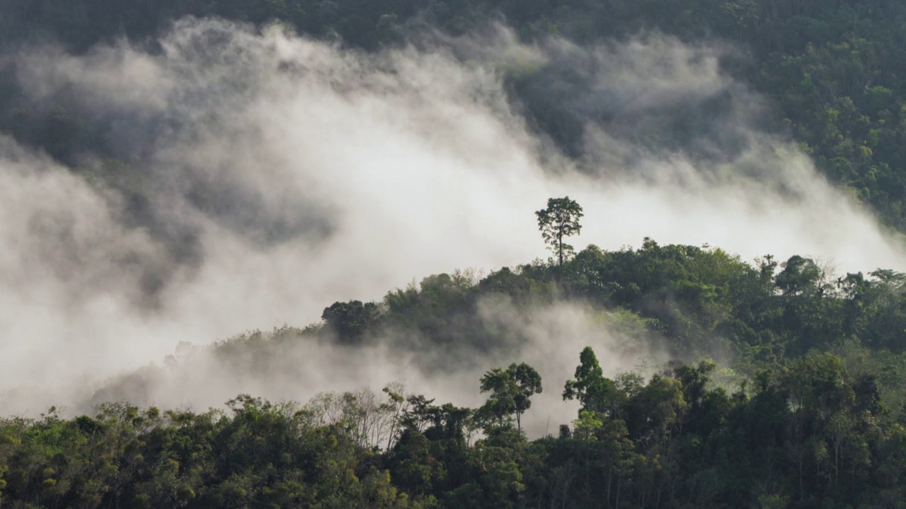 在泰国雅拉省艾耶翁的Gunung Silipat视点，美丽的日出与雾气滚滚的时间流逝视频素材