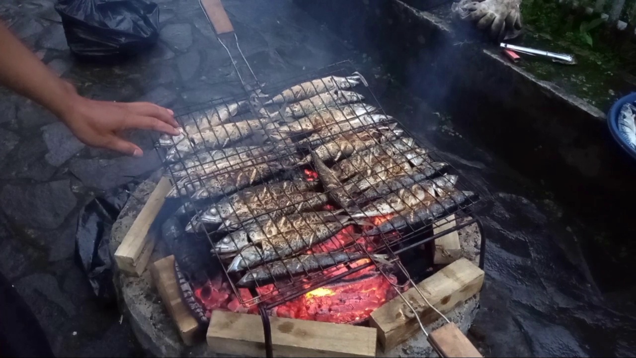 烧烤架上的海鲜(烤金枪鱼)特写视频素材