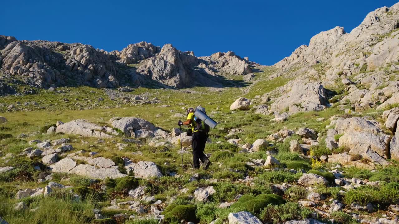 老夫妇背着背包拄着登山手杖上山视频素材