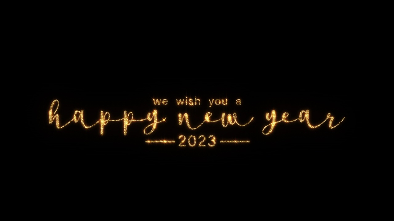 抽象循环的金色文字星星发光闪烁的文字2023新年快乐在黑色背景。2023新年快乐文字与循环闪烁的黄金发光纹理。视频素材