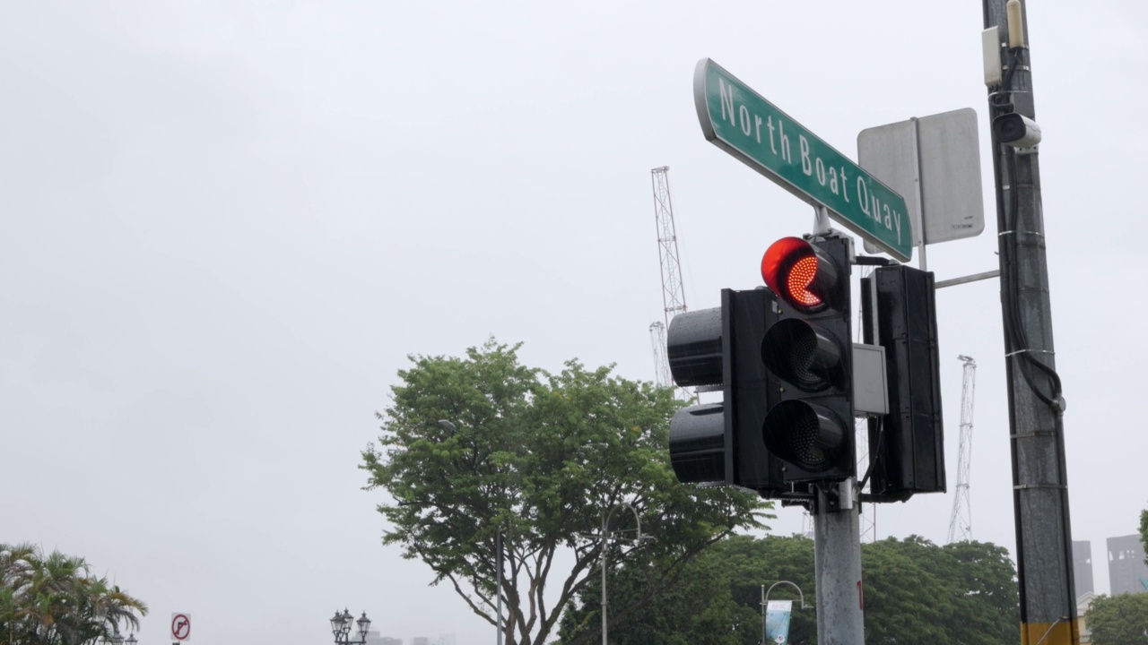 近距离观察新加坡城市十字路口的红绿灯，热带雨天气视频素材