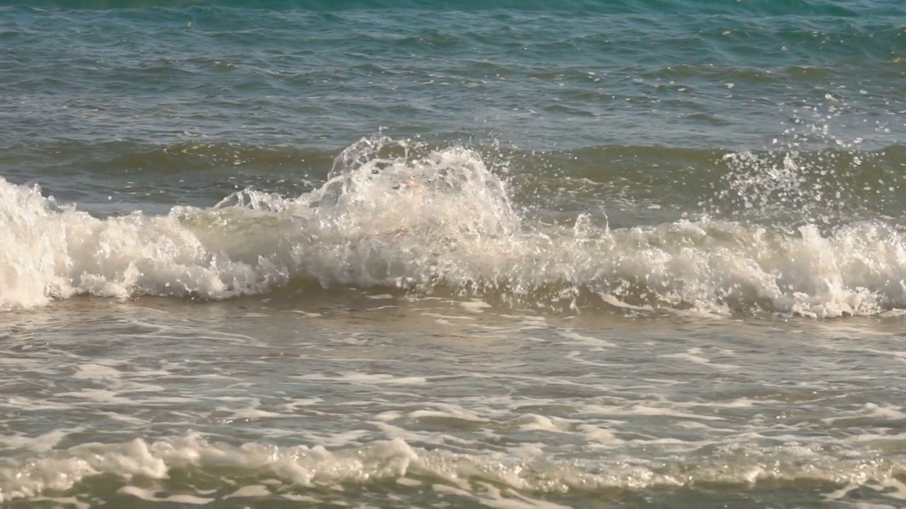 那个黑发男孩在溅起的海浪中游泳视频素材