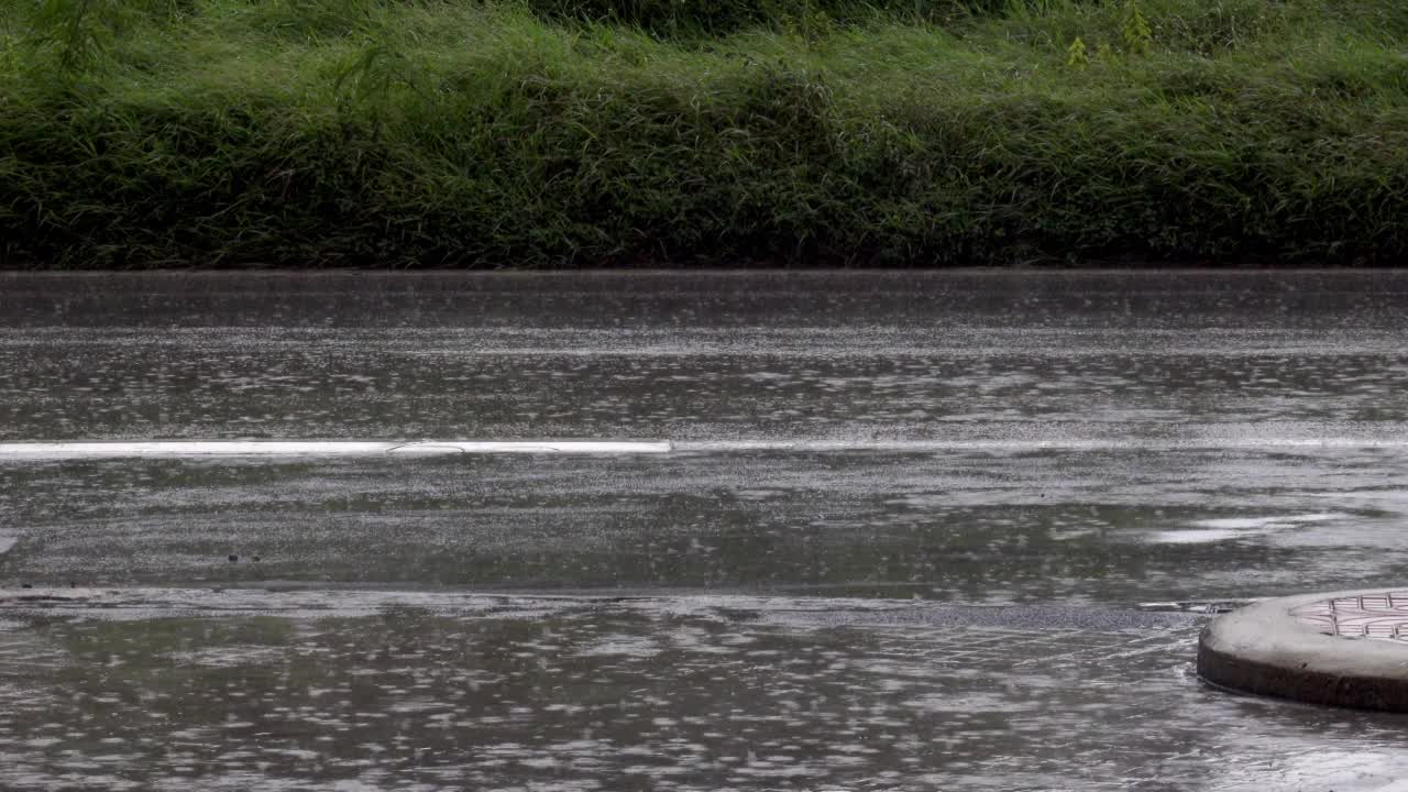 建立雨点落在路面上的镜头。特写视图。视频素材