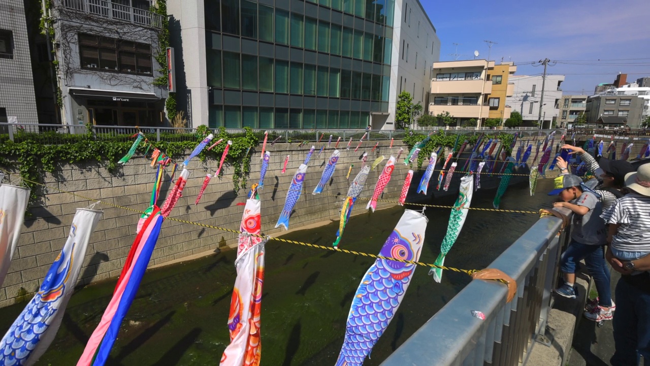 在日本东京新宿高田桥的儿童节，小inobori鲤鱼飘带在风中飘过神田河视频素材