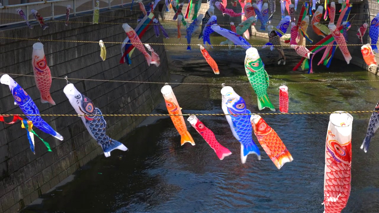 在日本东京新宿高田桥的儿童节，小inobori鲤鱼飘带在风中飘过神田河视频素材