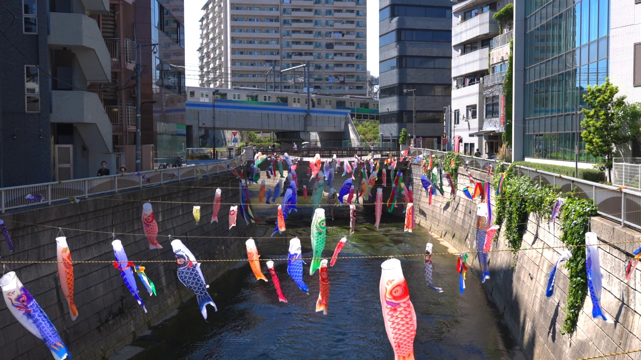 在日本东京新宿高田桥的儿童节，小inobori鲤鱼飘带在风中飘过神田河视频素材