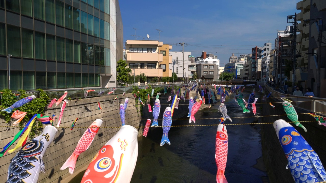 在日本东京新宿高田桥的儿童节，小inobori鲤鱼飘带在风中飘过神田河视频素材