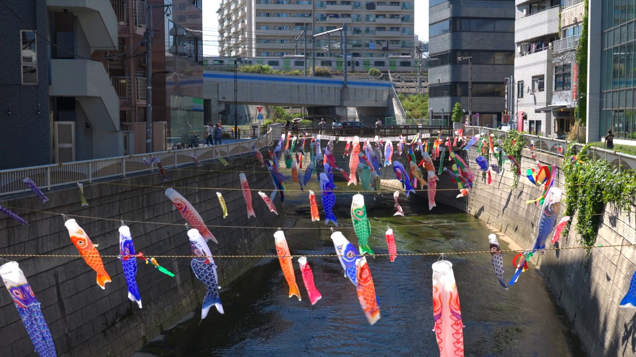 在日本东京新宿高田桥的儿童节，小inobori鲤鱼飘带在风中飘过神田河视频素材