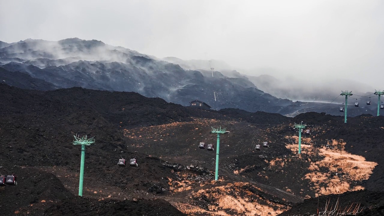 埃特纳火山在阴天的时间推移与操作电梯。视频素材