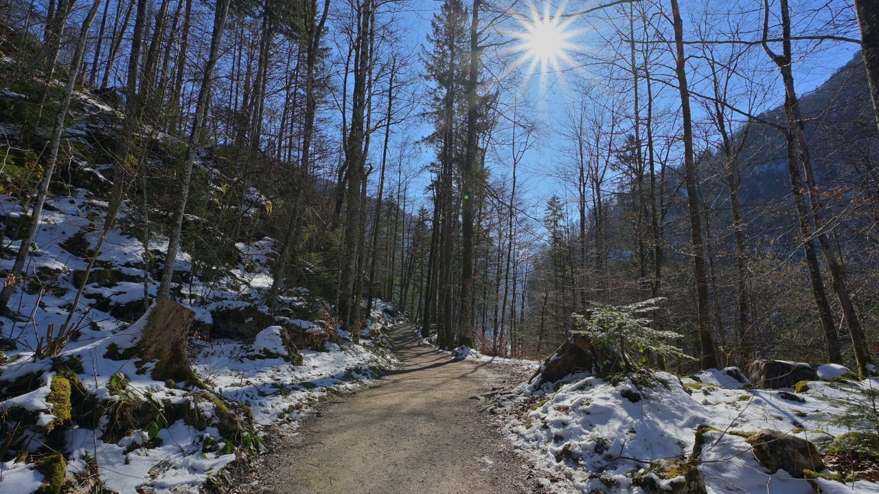 冬季前往Königsee湖的步道，Malerwinkel，Schönau am Könegsee，Berchtesgaden国家公园，上巴伐利亚州，德国视频素材