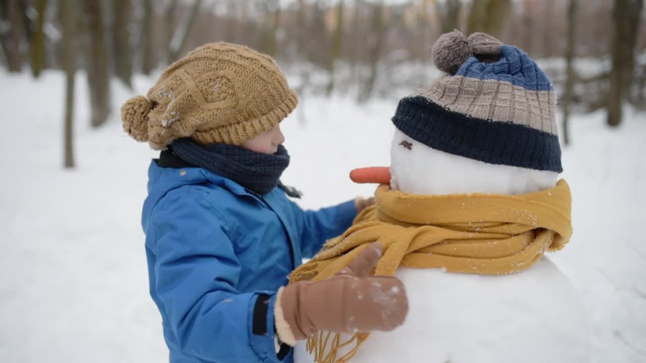 小男孩在下雪的公园堆雪人。孩子给雪人戴上帽子和围巾。冬天与家人和孩子一起进行户外休闲活动。视频素材