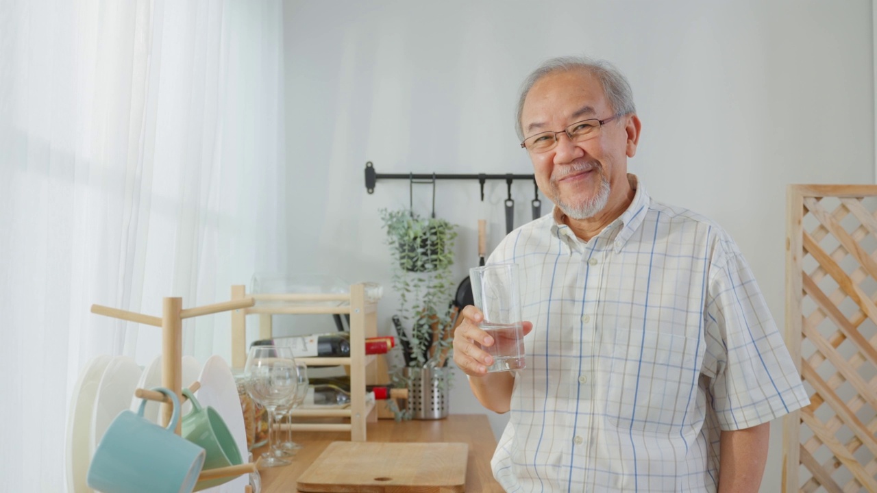 亚洲资深成熟男性在家里的厨房喝一杯水。有吸引力的老人，年长的爷爷，拿着清洁的矿物自然在杯子和睡眠在早上的健康幸福在家里。视频素材