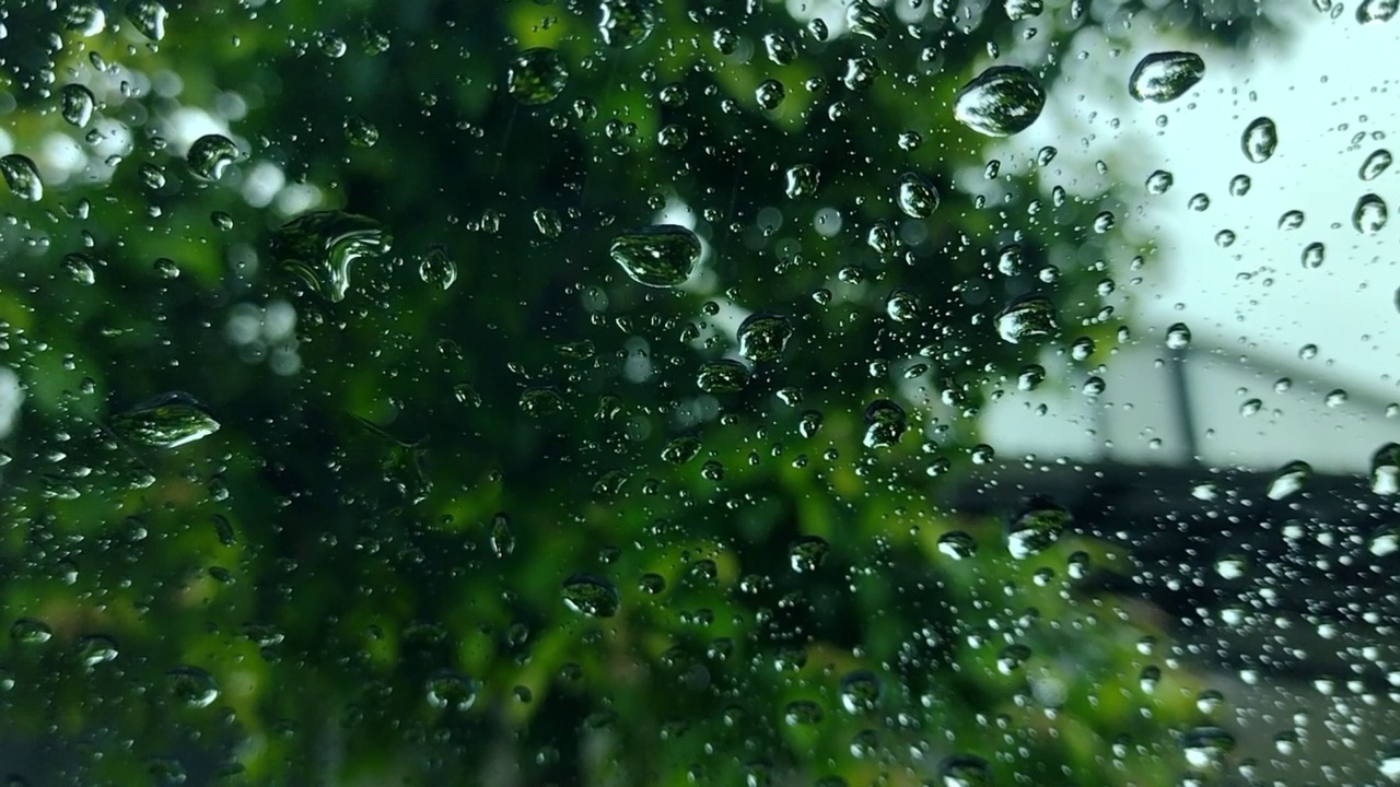 雨点和模糊离焦灯后面的雨点在草车。视频素材