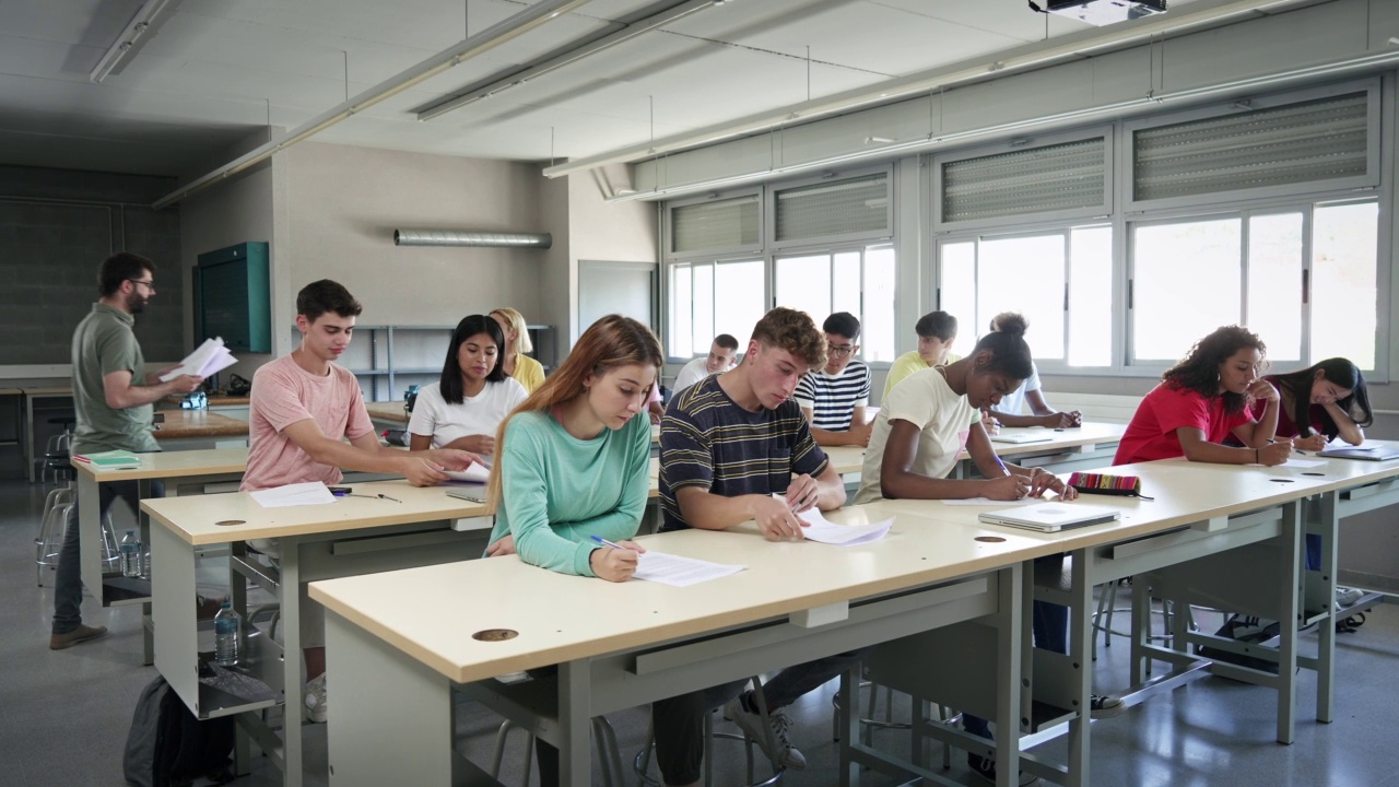 年轻的老师在课堂上给学生发试卷。准备在大学高中教室参加考试的多民族青少年学生视频素材