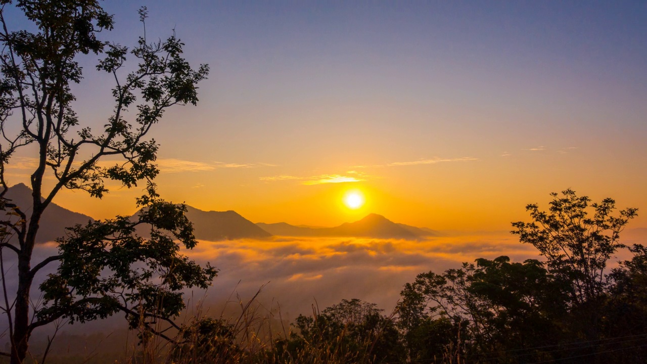 时间推移美丽的日出在早晨像日落天空与云雾在高森林山平滑移动与令人惊叹的黄金小时阳光场景为景观视频素材