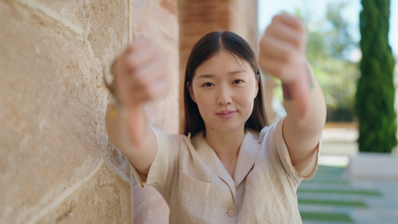 中国妇女在街上做消极的手势，拇指朝下视频素材