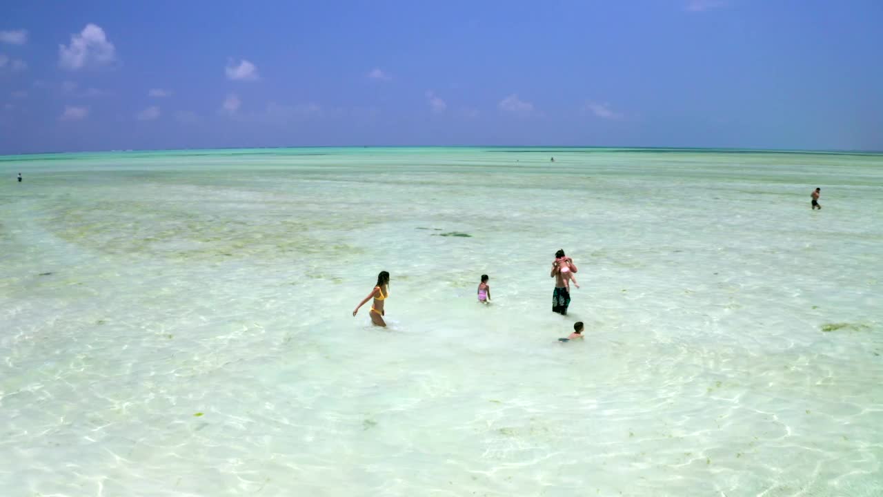 从无人机的角度来看，顽皮的家庭在夏日的海上玩耍。视频素材