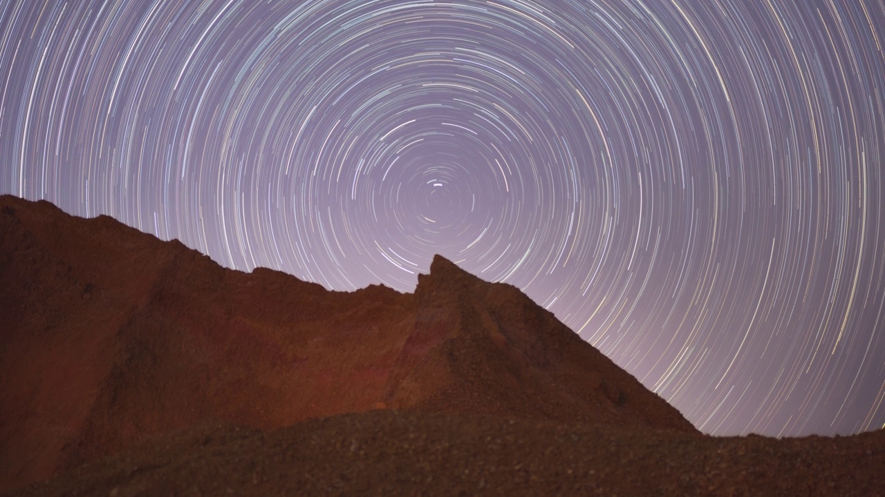 4K延时视频运动的夜空与圆形的星迹在岩石形成山脉前景。湄莫，南邦，泰国。视频素材